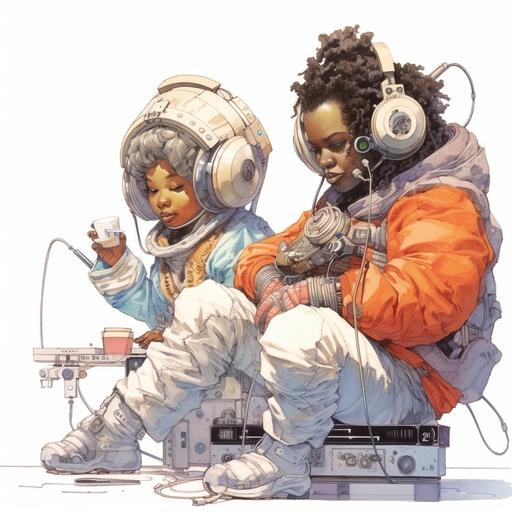 Moebius, Enki Bilal, fat Female African rapper in tatty russian space suit, with child DJ in oversized Russian space suit, jamming and mixing music, white background.