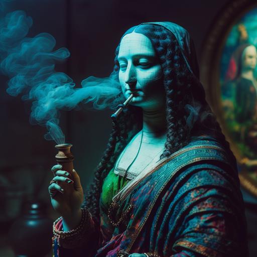 Mona Lisa in the portrait smoking a hookah standing in the museum, hyper-detailed, beautifully color-coded, insane details, intricate details, beautifully color graded, Unreal Engine, Cinematic, Color Grading, Editorial Photography, Photography, Photoshoot, Depth of Field, DOF, Tilt Blur, White Balance, 32k, Super-Resolution, Megapixel, ProPhoto RGB, VR, Halfrear Lighting, Backlight, Natural Lighting, Incandescent, Optical Fiber, Moody Lighting, Cinematic Lighting, Studio Lighting, Soft Lighting, Volumetric, Contre-Jour, Beautiful Lighting, Modern Lighting, Global Illumination, Screen Space Global Illumination, Ray Tracing Global Illumination, Optics, Scattering, Glowing, Shadows, Rough, Shimmering, Ray Tracing Reflections, Lumen Reflections, Screen Space Reflections, Diffraction Grading, Chromatic Aberration