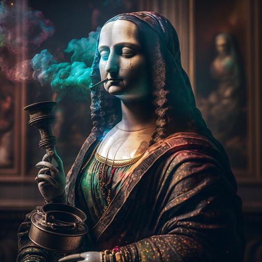 Mona Lisa in the portrait smoking a hookah standing in the museum, hyper-detailed, beautifully color-coded, insane details, intricate details, beautifully color graded, Unreal Engine, Cinematic, Color Grading, Editorial Photography, Photography, Photoshoot, Depth of Field, DOF, Tilt Blur, White Balance, 32k, Super-Resolution, Megapixel, ProPhoto RGB, VR, Halfrear Lighting, Backlight, Natural Lighting, Incandescent, Optical Fiber, Moody Lighting, Cinematic Lighting, Studio Lighting, Soft Lighting, Volumetric, Contre-Jour, Beautiful Lighting, Modern Lighting, Global Illumination, Screen Space Global Illumination, Ray Tracing Global Illumination, Optics, Scattering, Glowing, Shadows, Rough, Shimmering, Ray Tracing Reflections, Lumen Reflections, Screen Space Reflections, Diffraction Grading, Chromatic Aberration