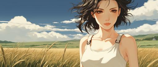 a giant anime winona ryder wearing a white crop top walking across a cartoon grassy field --ar 21:9