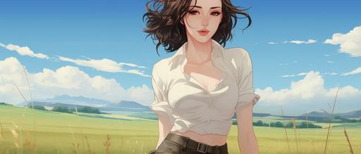 a giant anime winona ryder wearing a white crop top walking across a cartoon grassy field --ar 21:9