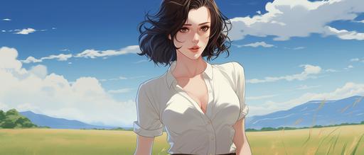 a giant anime winona ryder wearing a white crop top walking across a cartoon grassy field --ar 21:9