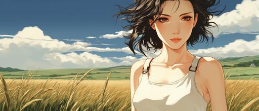 a giant anime winona ryder wearing a white crop top walking across a cartoon grassy field --ar 21:9