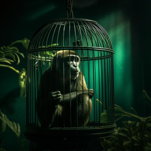 Monkey in a big cage, banana on top of the cage Green dark light ,realm, 5th dimession, Photography, hyper realistic, photorealistic, Studio Lighting, reflections, dynamic pose, Cinematic, Color Grading, Photography, Shot on 50mm lens, Ultra-Wide Angle, Depth of Field, hyper-detailed, beautifully color, 8k