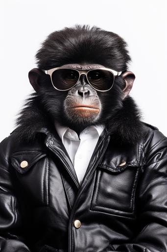 Monkey with sunglasses and lush black polyester jacket. Professional photo studio lighting, solid white background, 6k --ar 2:3 --v 5.1