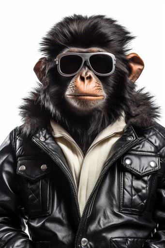 Monkey with sunglasses and lush black polyester jacket. Professional photo studio lighting, solid white background, 6k --ar 2:3 --v 5.1