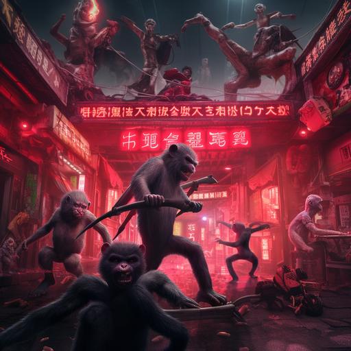 Monkeys fight with humans in the abandoned city accompanied by neon lights