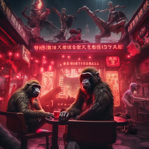 Monkeys fight with humans in the abandoned city accompanied by neon lights