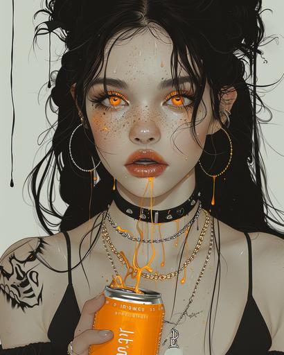 Monochromatic black and white color scheme with a touch of orange, Anime realism illustration, tattooed woman with intricate orange eyes, wearing an o’ring collar, jewelry, holding a can of orange soda with text ‘crush’, fizzing soda bubbles with liquid flowing on the wall behind her, splitted orange soda, glowing, glittering, punkcore, deathcore, gothcore, banksy, caras ionut, yuumei, victor nizotsev, tooth wu, movie poster, cinematic movie photography, unreal engine 5, dynamic pose, anime fullbody art, anime style only --ar 4:5 --stylize 750 --v 6.0