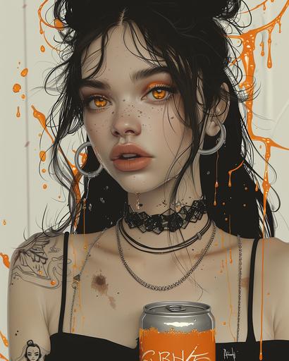Monochromatic black and white color scheme with a touch of orange, Anime realism illustration, tattooed woman with intricate orange eyes, wearing an o’ring collar, jewelry, holding a can of orange soda with text ‘crush’, fizzing soda bubbles with liquid flowing on the wall behind her, splitted orange soda, glowing, glittering, punkcore, deathcore, gothcore, banksy, caras ionut, yuumei, victor nizotsev, tooth wu, movie poster, cinematic movie photography, unreal engine 5, dynamic pose, anime fullbody art, anime style only --ar 4:5 --stylize 750 --v 6.0
