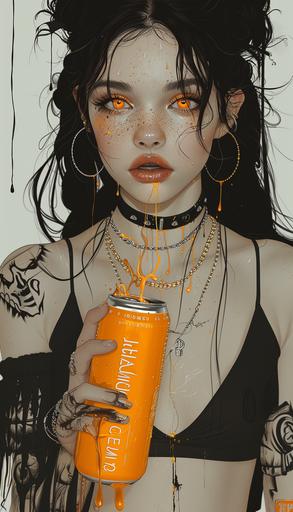 Monochromatic black and white color scheme with a touch of orange, Anime realism illustration, tattooed woman with intricate orange eyes, wearing an o’ring collar, jewelry, holding a can of orange soda with text ‘crush’, fizzing soda bubbles with liquid flowing on the wall behind her, splitted orange soda, glowing, glittering, punkcore, deathcore, gothcore, banksy, caras ionut, yuumei, victor nizotsev, tooth wu, movie poster, cinematic movie photography, unreal engine 5, dynamic pose, anime fullbody art, anime style only --stylize 750 --v 6.0 --ar 4:7