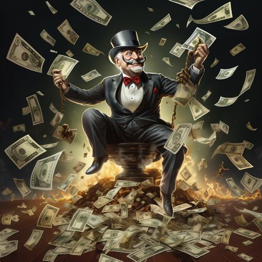 Monopoly man,riding a line that resmebals the stock market bullish trend. With a dark background and money falling behing the monopoly man. Make the money be in 100 dollar bills. Make the art visually apeasing.
