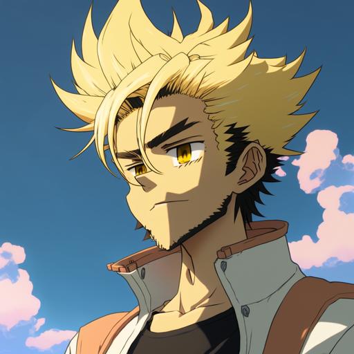 close up of young male anime character with black beard, blond log hair , anime, cartoon, 2d anime, 80s anime design, anime style, sky background