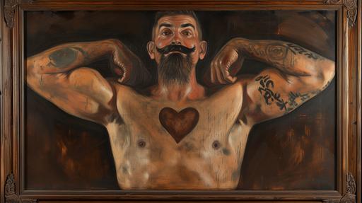 Monumental oil painting of a sweating chalcedony miner with a moustache, shoulders and muscled arms, heart tattoo. Oil on linen framed with walnut --ar 16:9 --v 6.0