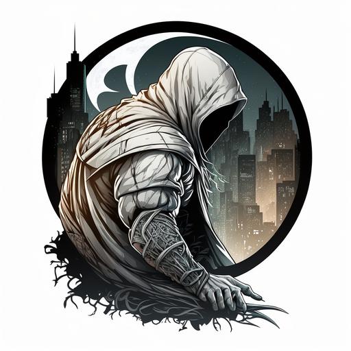 Moon Knight, sticker art piece, t-shirt design, vectorcore, high quality 9l, smooth lines, highly detailed, clean and clear outlines --v 4 --q 2