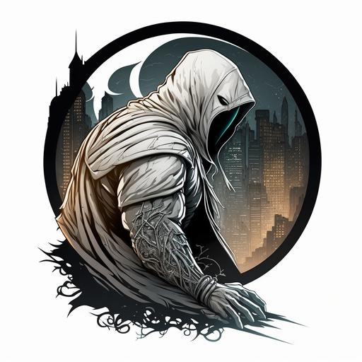 Moon Knight, sticker art piece, t-shirt design, vectorcore, high quality 9l, smooth lines, highly detailed, clean and clear outlines --v 4 --q 2