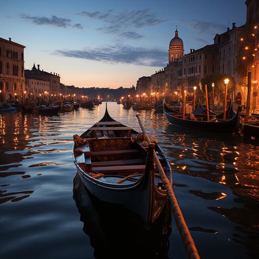 Moonlight and sun in the horizon: Incorporate the soft glow of moonlight and the warm, gold hues of the sun as it rises on the horizon. This will create a serene atmosphere. Starry sky: Include a starry sky above the gondola with a crescent moon. Low shutter speed and long exposure: Use a low shutter speed and long exposure to create a sense of motion and blurriness, which will emphasize the tranquility of the scene. Gondola parked: Depict a gondola parked along the Venetian canals, with its wooden frame and the gondolier's oars resting beside it. Reflections: Incorporate reflections of the sun and moon in the water, as well as the gondola's shadow, to add depth and visual interest to the composition. Surrounding architecture: Include iconic Venetian buildings and bridges, such as the Rialto Bridge or St. Mark's Square, to emphasize the city's charm and historical beauty.--ar 64:48 --stylize 1000 --v 5.2