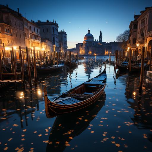 Moonlight and sun in the horizon: Incorporate the soft glow of moonlight and the warm, gold hues of the sun as it rises on the horizon. This will create a serene atmosphere. Starry sky: Include a starry sky above the gondola with a crescent moon. Low shutter speed and long exposure: Use a low shutter speed and long exposure to create a sense of motion and blurriness, which will emphasize the tranquility of the scene. Gondola parked: Depict a gondola parked along the Venetian canals, with its wooden frame and the gondolier's oars resting beside it. Reflections: Incorporate reflections of the sun and moon in the water, as well as the gondola's shadow, to add depth and visual interest to the composition. Surrounding architecture: Include iconic Venetian buildings and bridges, such as the Rialto Bridge or St. Mark's Square, to emphasize the city's charm and historical beauty.--ar 64:48 --stylize 1000 --v 5.2