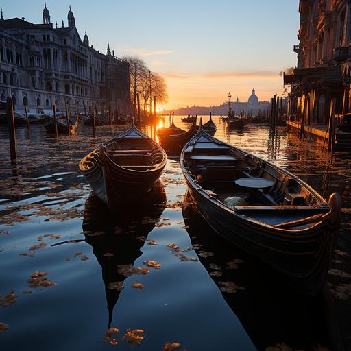 Moonlight and sun in the horizon: Incorporate the soft glow of moonlight and the warm, gold hues of the sun as it rises on the horizon. This will create a serene atmosphere. Starry sky: Include a starry sky above the gondola with a crescent moon. Low shutter speed and long exposure: Use a low shutter speed and long exposure to create a sense of motion and blurriness, which will emphasize the tranquility of the scene. Gondola parked: Depict a gondola parked along the Venetian canals, with its wooden frame and the gondolier's oars resting beside it. Reflections: Incorporate reflections of the sun and moon in the water, as well as the gondola's shadow, to add depth and visual interest to the composition. Surrounding architecture: Include iconic Venetian buildings and bridges, such as the Rialto Bridge or St. Mark's Square, to emphasize the city's charm and historical beauty.--ar 64:48 --stylize 1000 --v 5.2