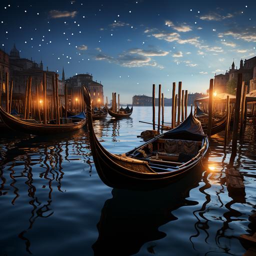 Moonlight and sun in the horizon: Incorporate the soft glow of moonlight and the warm, golden hues of the sun as it rises in the horizon. This will create a serene and romantic atmosphere. Starry sky: Include a starry sky above the gondola, with twinkling stars and a crescent moon adding to the dreamy ambiance. Low shutter speed and long exposure: Use a low shutter speed and long exposure to create a sense of motion and blurriness, which will emphasize the tranquility of the scene. Gondola parked: Depict a gondola parked along the Venetian canals, with its wooden frame and the gondolier's oars resting beside it. Reflections: Incorporate reflections of the sun and moon in the water, as well as the gondola's shadow, to add depth and visual interest to the composition. Surrounding architecture: Include iconic Venetian buildings and bridges, such as the Rialto Bridge or St. Mark's Square, to emphasize the city's charm and historical beauty.--ar 64:48 --stylize 1000 --v 5.2