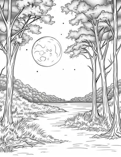 Moonlit Forest: Enchanting trees under the gentle glow of the moon, Coloring page, clean and thick line art, white background --ar 17:22 --v 6.0