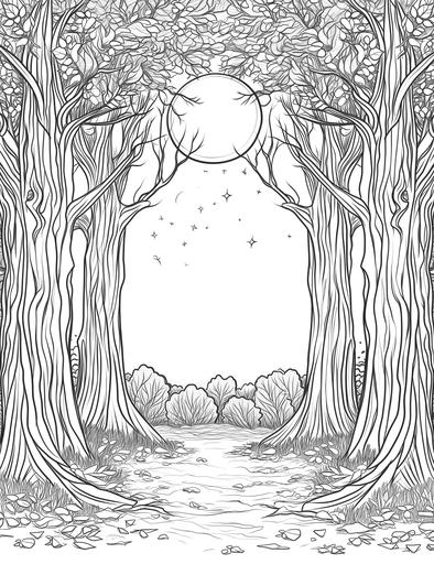 Moonlit Forest: Enchanting trees under the gentle glow of the moon, Coloring page, clean and thick line art, white background --ar 17:22 --v 6.0