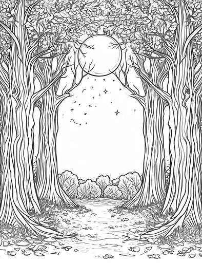 Moonlit Forest: Enchanting trees under the gentle glow of the moon, Coloring page, clean and thick line art, white background --ar 17:22 --v 6.0