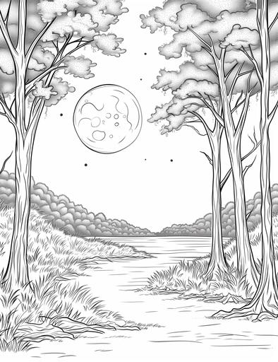 Moonlit Forest: Enchanting trees under the gentle glow of the moon, Coloring page, clean and thick line art, white background --ar 17:22 --v 6.0