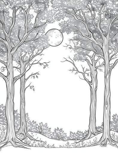 Moonlit Forest: Enchanting trees under the gentle glow of the moon, Coloring page, clean and thick line art, white background --ar 17:22 --v 6.0