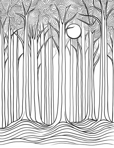 Moonlit Forest: Enchanting trees under the gentle glow of the moon, Coloring page, clean and thick line art, white background --ar 17:22 --v 6.0