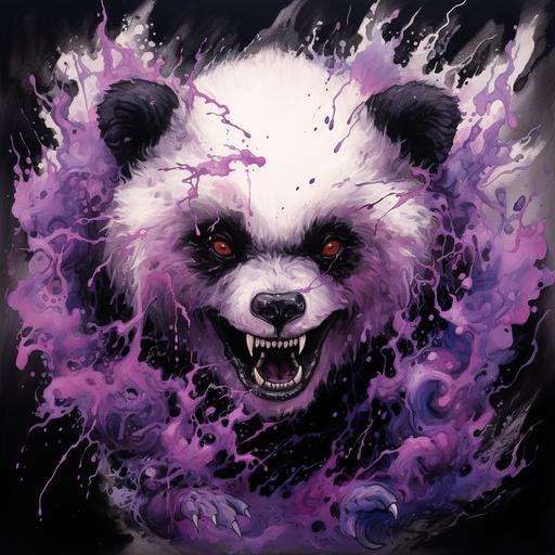Morbid Fine Art style, Zombie Panda, dark smoke derived from the panda, panda is white and dark amethyst color, the panda is enrage