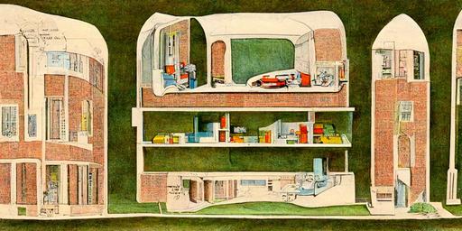 how to sneak pounds of weed and girls into Old East dormitory at UNC Chapel Hill. Schematic cutaway drawing, Richard Scarry, syd mead --w 512