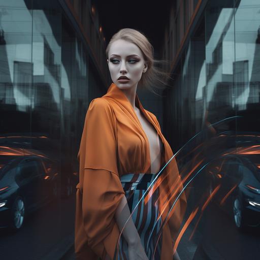 Dive into a dimly-lit post-Soviet cyberpunk city, blending Slavic folklore with Y2K aesthetics :: Model dressed in ZARA, Balenciaga, JW Anderson-inspired attire, combining modern design and Slavic mystique :: Chrome, icy blue, bright orange, glossy white, and black linework color palette :: Blobitecture, translucent colors, and smooth curves in the background :: René Magritte's surrealism influence.Camera Setup: Canon DSLR, 35mm f/1.4 lens :: Aperture f/2.8 :: Slow shutter speed, long exposure :: Golden ratio composition :: Model at focal point, showcasing fashion and urban environment interplay. --q 2 --v 5