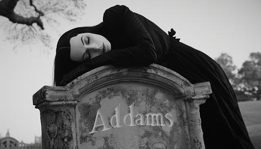 Morticia Addams peacefully sleeping on top of a tomb in a cemetery, mausoleum that says 