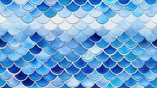 Mosaic tile pattern, Morrocan Fish scale tile pattern, Mosaic Gradient, light blue tiles, cerulean blue tiles, true blue tiles, Cobalt blue tiles, White grout, symmetry, defined edges, matte glaze, no glare, no reflective light, defined geometry, repetitive tiling, --ar 16:9 --tile