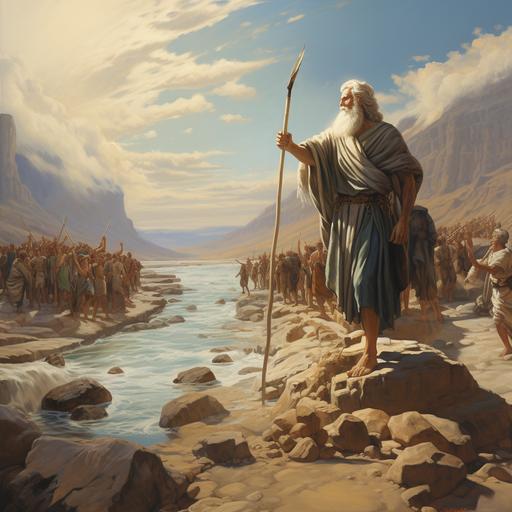 Moses extending his staff to the Dead Sea