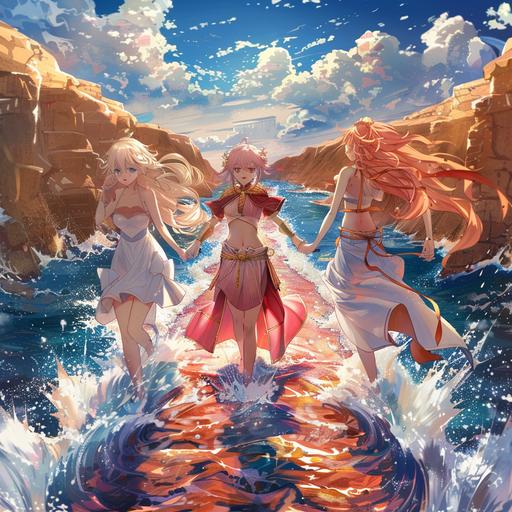 Moses parting the Red Sea. All anime girls.