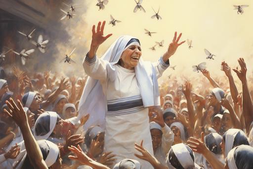 Mother Teresa gleefully throwing handfuls of latrodectus into the air over a jubilant crowd --ar 3:2