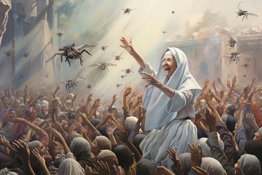 Mother Teresa gleefully throwing handfuls of latrodectus into the air over a jubilant crowd --ar 3:2