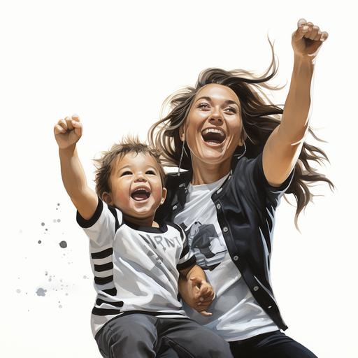 Mother and little daughter cheering on the touchline. The father plays football with his two sons, dressed in black and white jerseys. Mother and little daughter cheering them on the touchline. 10% caricature. white background --s 250