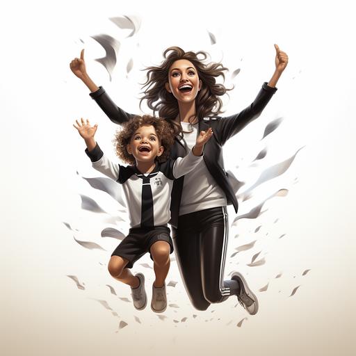 Mother and little daughter cheering on the touchline. The father plays football with his two sons, dressed in black and white jerseys. Mother and little daughter cheering them on the touchline. 10% caricature. white background --s 250