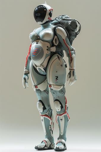 Mother-type android, about to give birth, large bulging abdomen, abdomen made of highly contractible material, facial display showing graph, full body shot, 45 degree angle, head to toe in frame, plain white background, simple metalic silver and blue wetsuit, in the style of Tamiya Militari Miniatures packaging design, medium telephoto lens package design style, shot with medium telephoto lens, 32K --ar 2:3 --s 1000 --v 6.0 --style raw