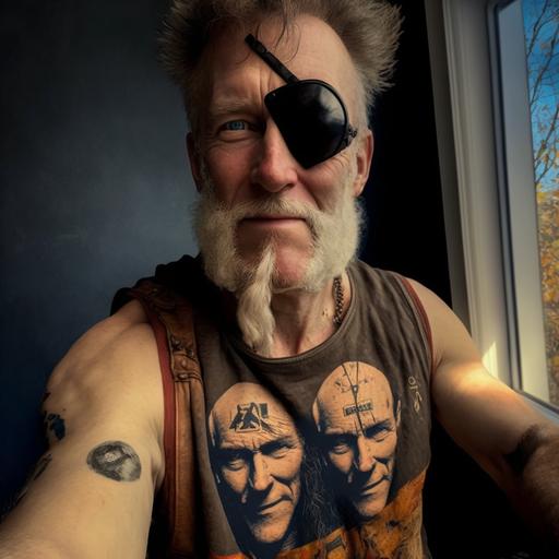 Mountain Man, Bear Tattoo, Pirate Eye Patch, pointing at the camera, scars, Moonshiner Tattoo, mud, sneer, dramatic lighting, --v 4