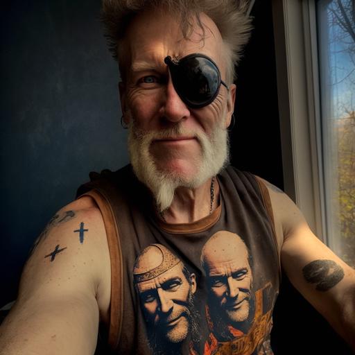 Mountain Man, Bear Tattoo, Pirate Eye Patch, pointing at the camera, scars, Moonshiner Tattoo, mud, sneer, dramatic lighting, --v 4