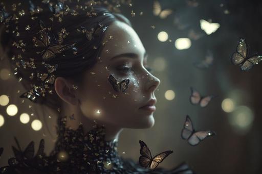 Movie about cute pixie queen of tree with flying butterflies black roses glitter magical   1980   cinematic shot   photo taken by ARRI, photo taken by canon, photo taken by fuji, photo taken by kodak   incredibly detailed, sharpen, details   professional lighting, film lighting   35mm   anamorphic   lightroom   cinematography   artstation --q 2 --v 4 --ar 3:2