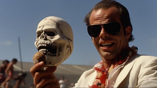 Movie still. Amazing action film opening scene, Jack Nicholson is hired to solve a crime in Mexico, he's in the middle of a Calavera party in Mexico in the 