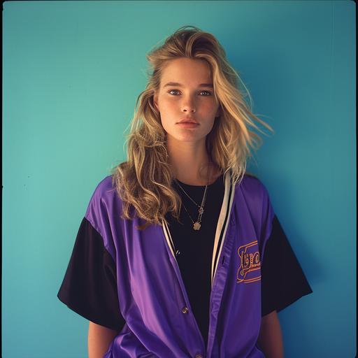 Movies, fashion photography, modernity, a young tanned blonde woman standing inside. A blue background, wearing 80s clothes, purple baseball jersey and black shirt, bright colors, photographed by a dual camera, candid shooting --v 6.0