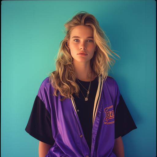 Movies, fashion photography, modernity, a young tanned blonde woman standing inside. A blue background, wearing 80s clothes, purple baseball jersey and black shirt, bright colors, photographed by a dual camera, candid shooting --v 6.0