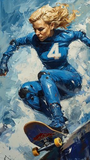 Mrs Invisible, from the Fantastic Four is riding a skateboard off a ramp. The number 4 logo is on her chest. loose painting with big brush strokes --ar 9:16 --stylize 250 --v 6.0