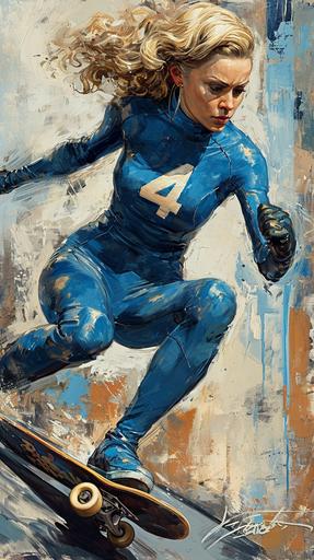Mrs Invisible, from the Fantastic Four is riding a skateboard off a ramp. The number 4 logo is on her chest. loose painting with big brush strokes --ar 9:16 --stylize 250 --v 6.0